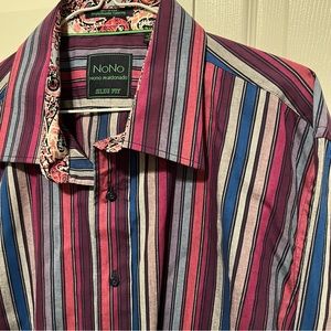 NoNo Maldonado Mens Size XL Slim Fit Long Sleeve Stripe Paisley‎ Shirt Flip Cuff